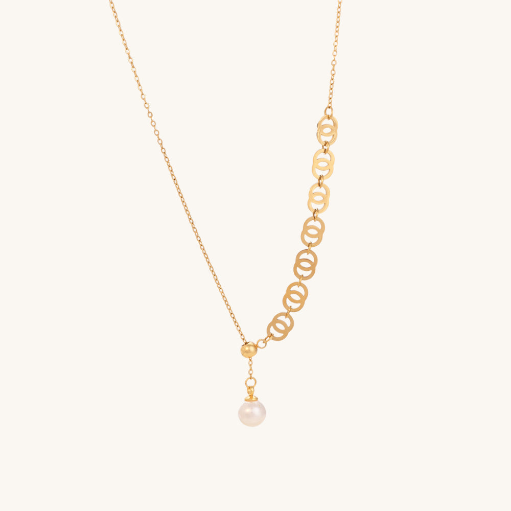 Double Round Geometric Dangling Pearl Necklace