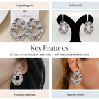 Oval Hollow Abstract Textured Silver Earrings