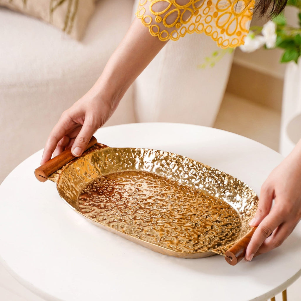 Oval Metal Tray With Wooden Handle Gold 13x8 Inch