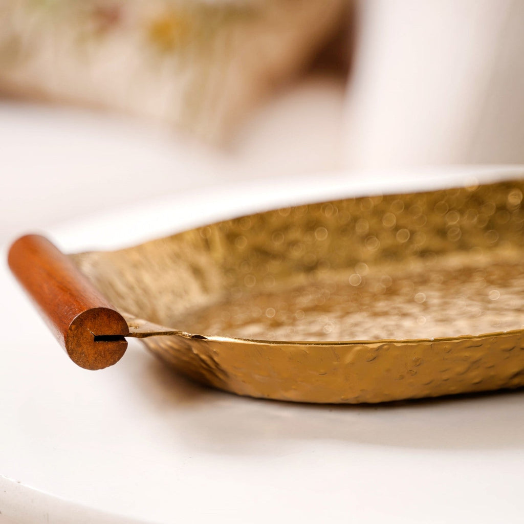 Oval Metal Tray With Wooden Handle Gold 13x8 Inch