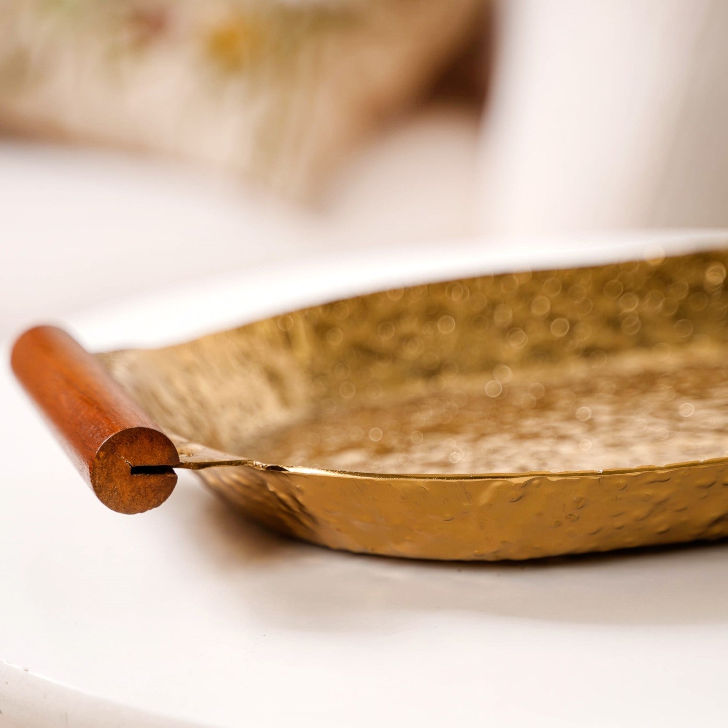 Oval Metal Tray With Wooden Handle Gold 13x8 Inch