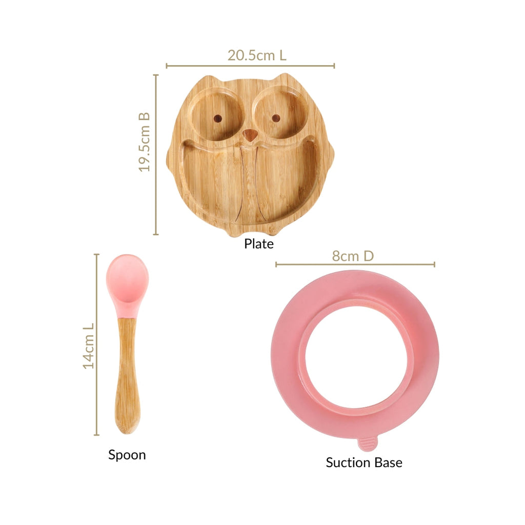 Owl Suction Base All Natural Bamboo Divided Plate Silicon Spoon Set