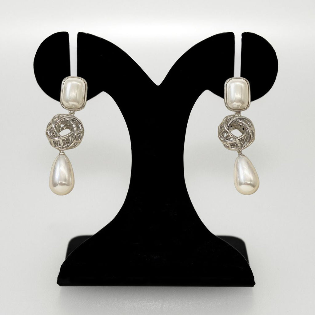 Pearl And Silver Overlapping Ring Danglers