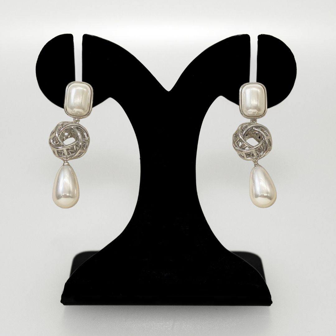Pearl And Silver Overlapping Ring Danglers