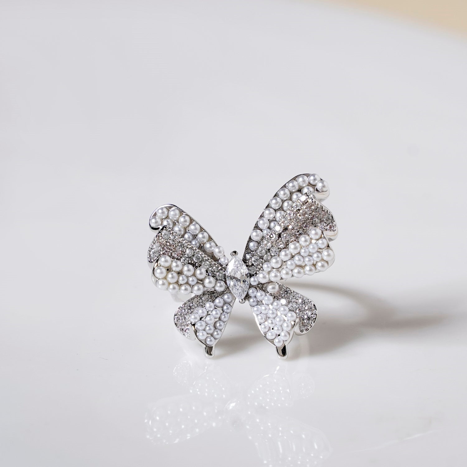 Pearled Butterfly Statement Ring Silver