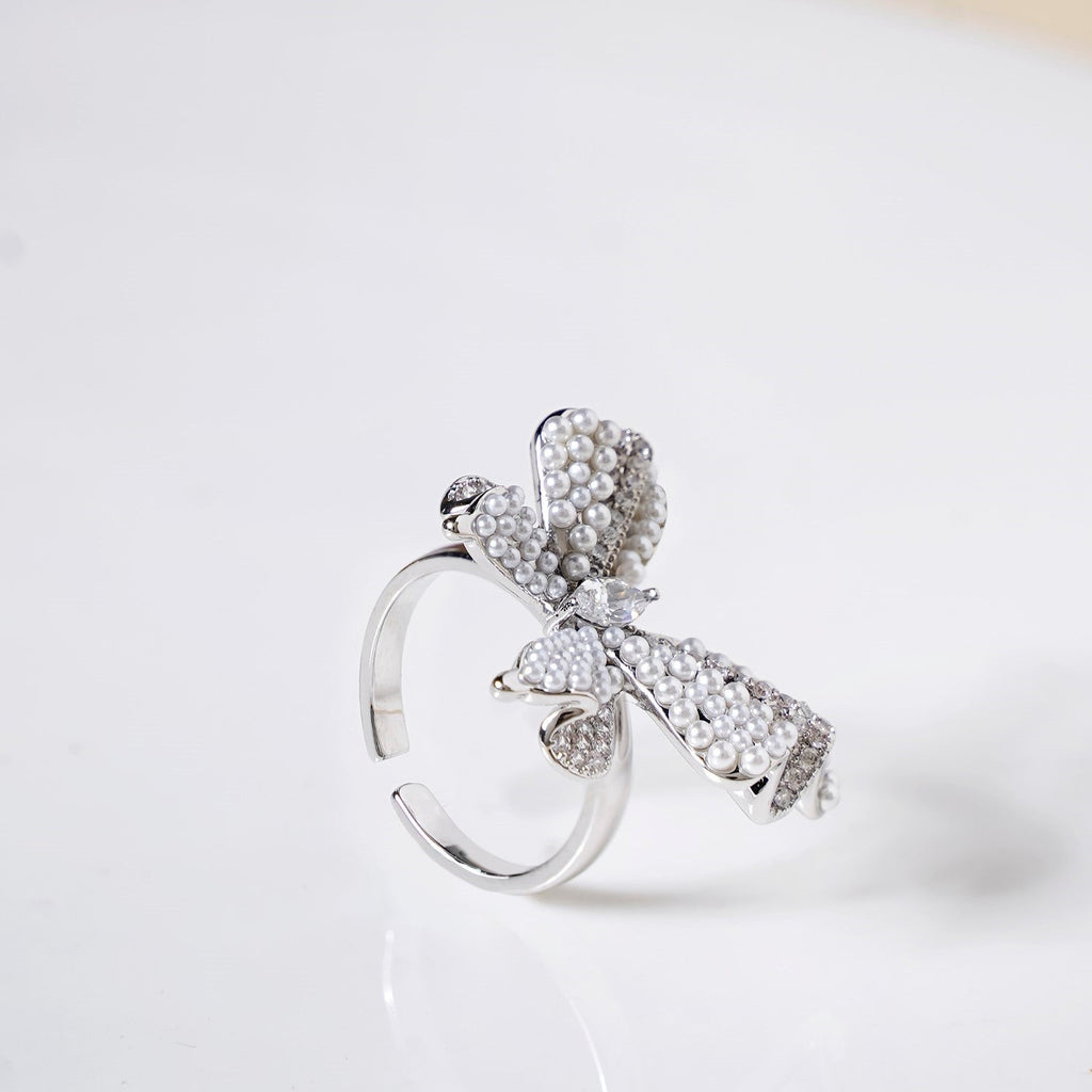 Pearled Butterfly Statement Ring Silver