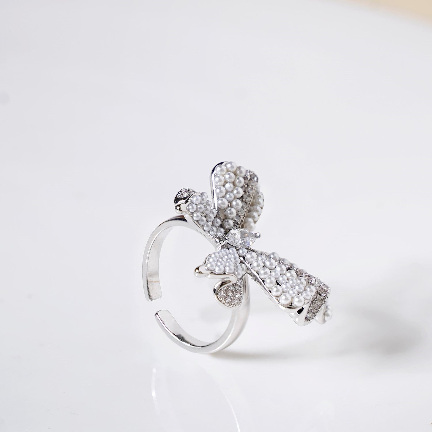 Pearled Butterfly Statement Ring Silver