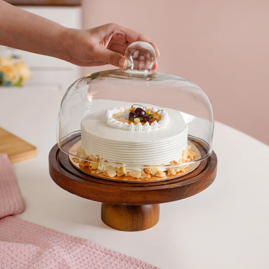 Pedestal Acacia Wood Cake Stand With Cloche 22cm