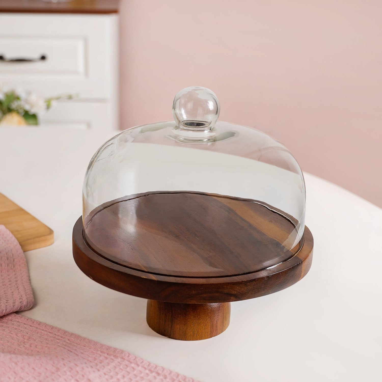 Pedestal Acacia Wood Cake Stand With Cloche 22cm