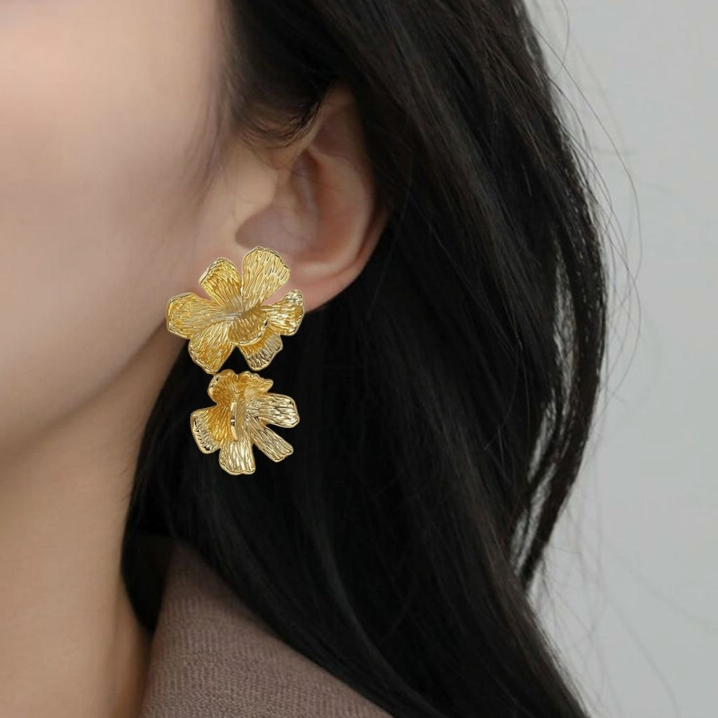Peony Bloom Gold Drop Earrings