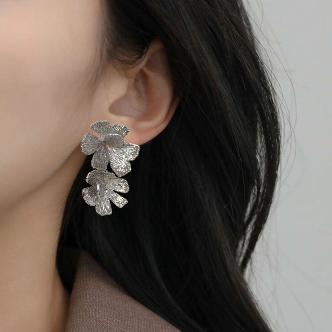 Peony Bloom Silver Drop Earrings