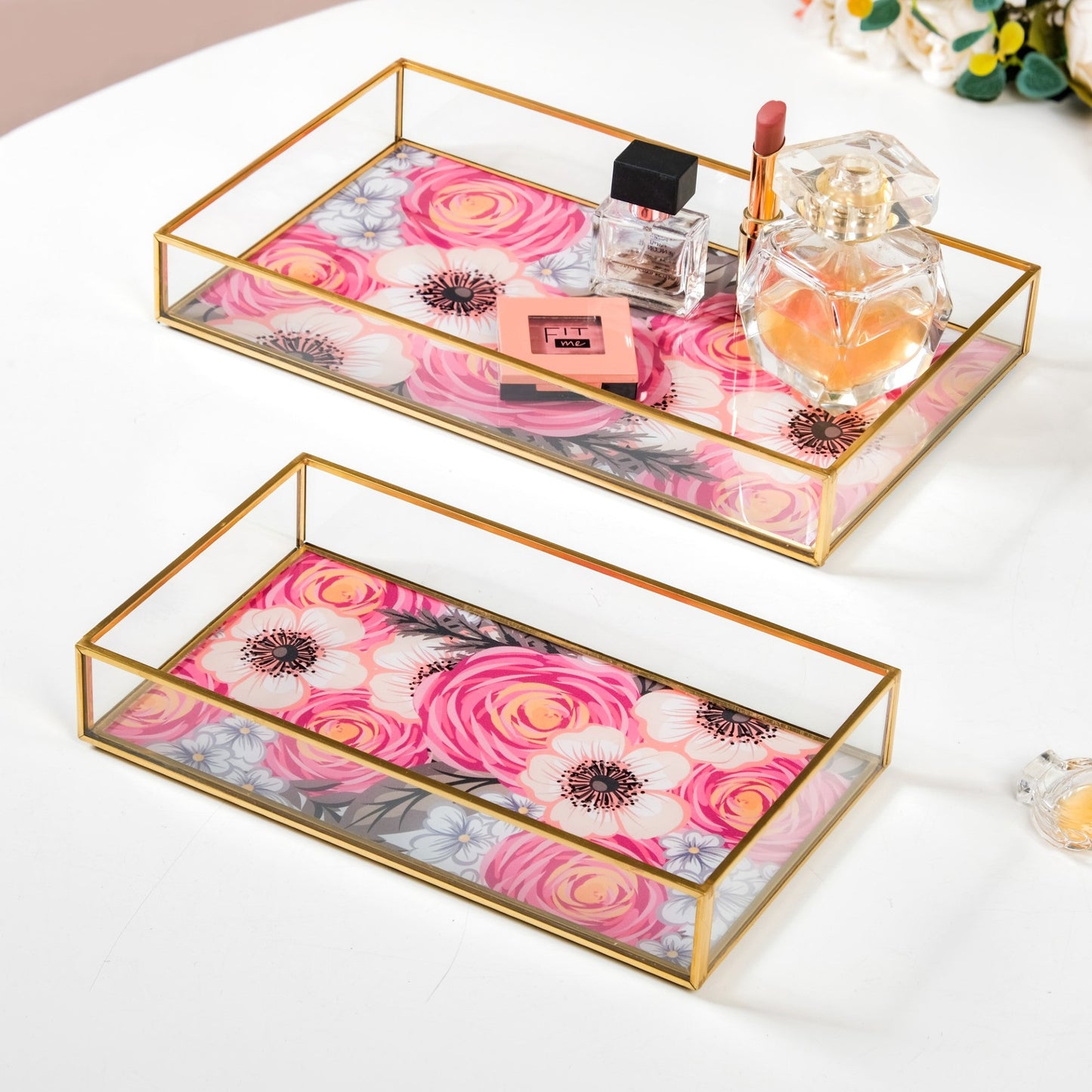 Printed Glass Decorative Trays With Gold Edge Set Of 2