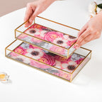 Printed Glass Decorative Trays With Gold Edge Set Of 2