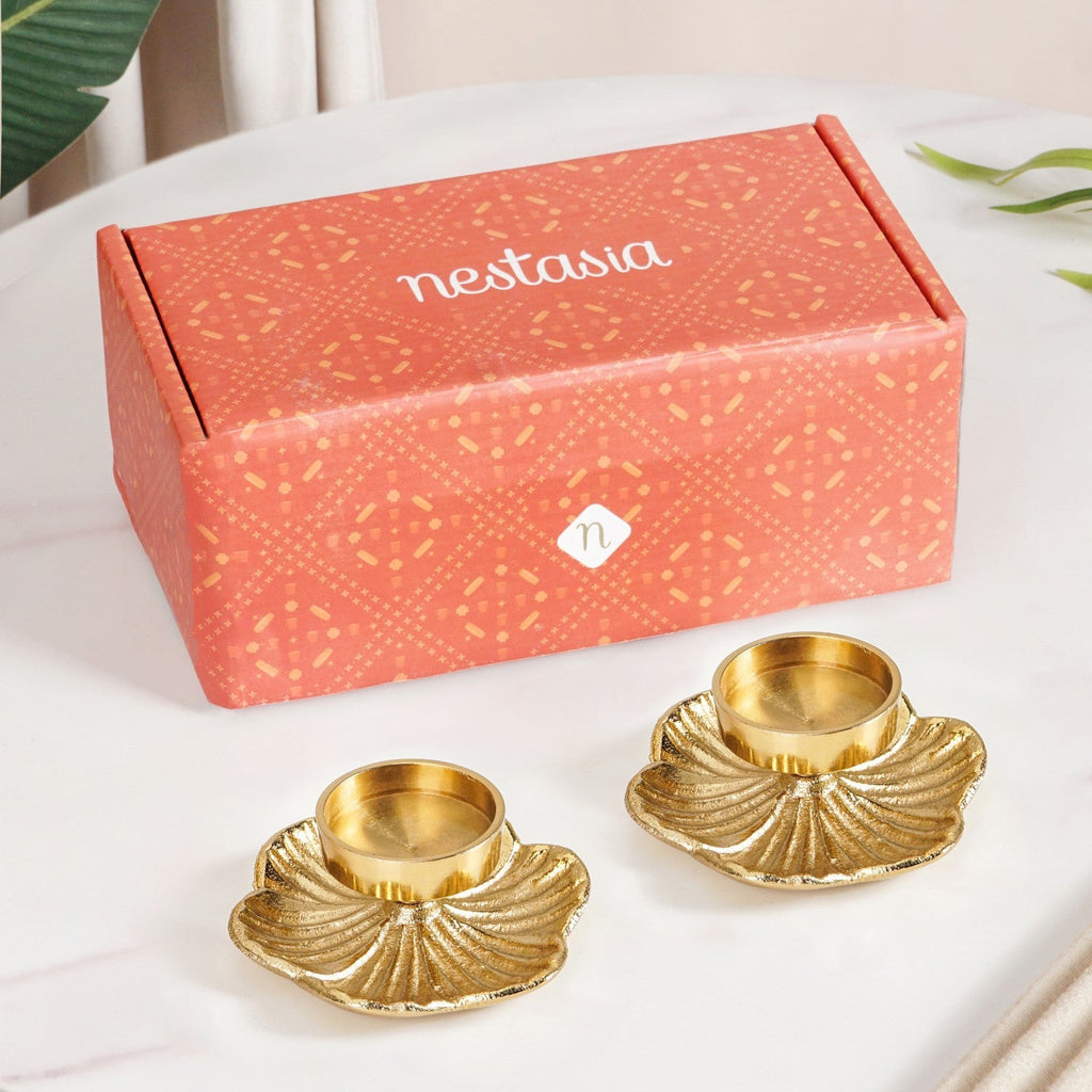 Radiant Bloom Aluminium Tealight Holder Set Of 2 In Festive Gift Box