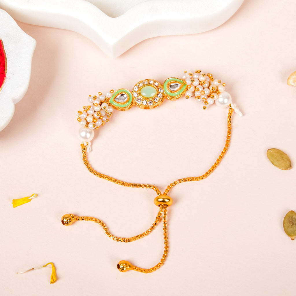 Elegant Green Kundan Rakhi Hamper For Bhaiya Bhabhi