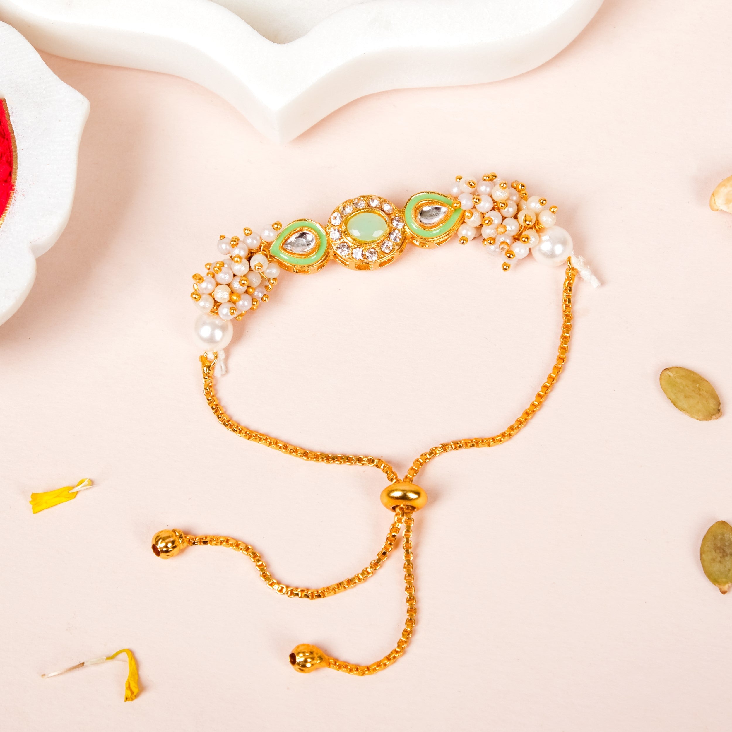 Elegant Green Kundan Rakhi Hamper For Bhaiya Bhabhi