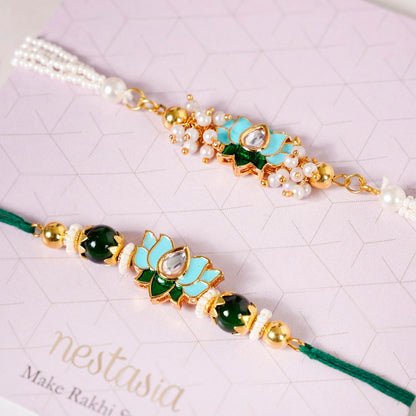 Green Kundan Lotus Rakhi Gift Set For Bhaiya Bhabhi