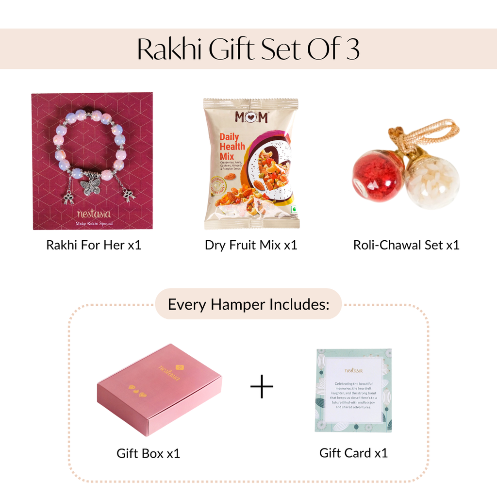 Bow Butterfly Charm Bracelet Rakhi Set Of 3 With Gift Box And Card