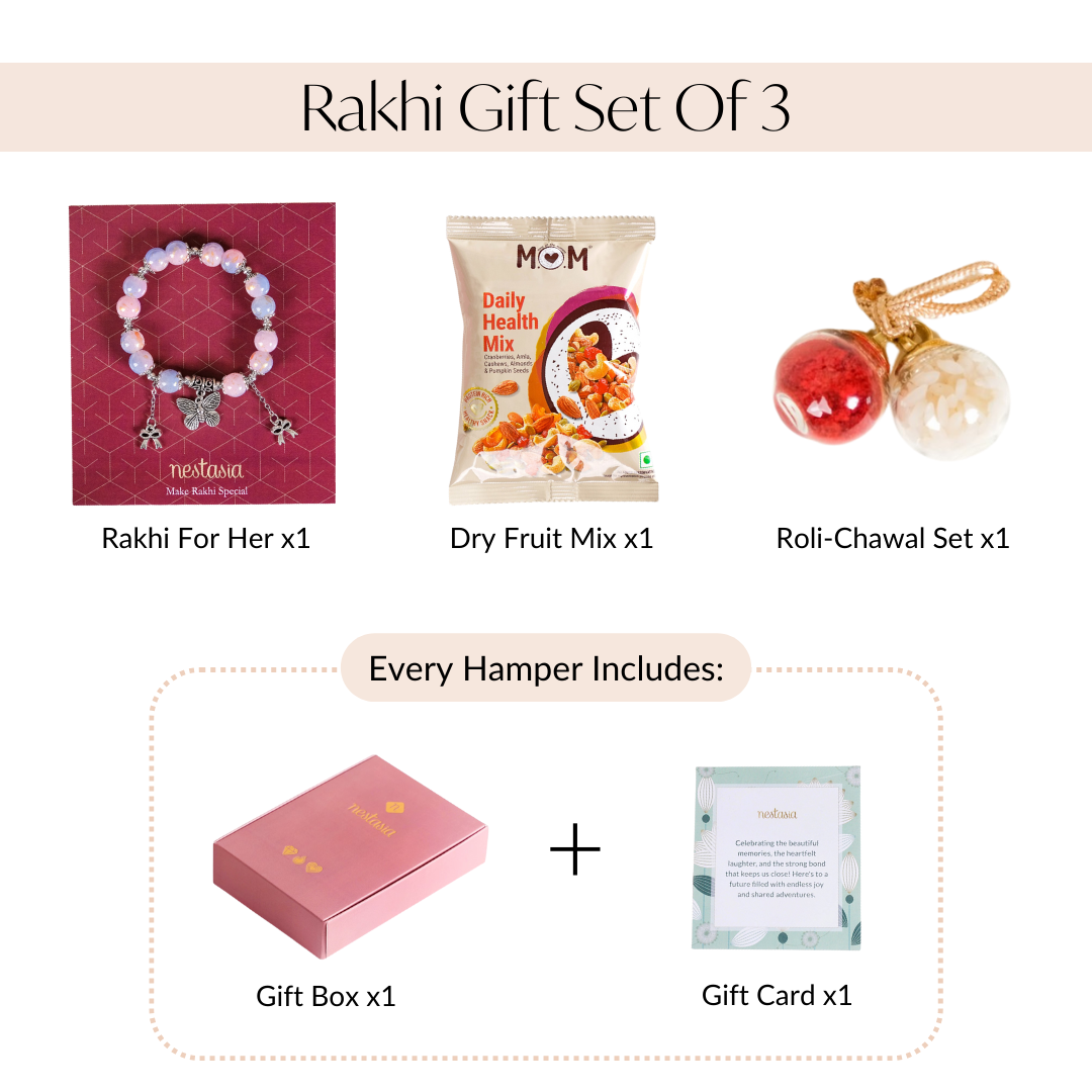 Bow Butterfly Charm Bracelet Rakhi Set Of 3 With Gift Box And Card