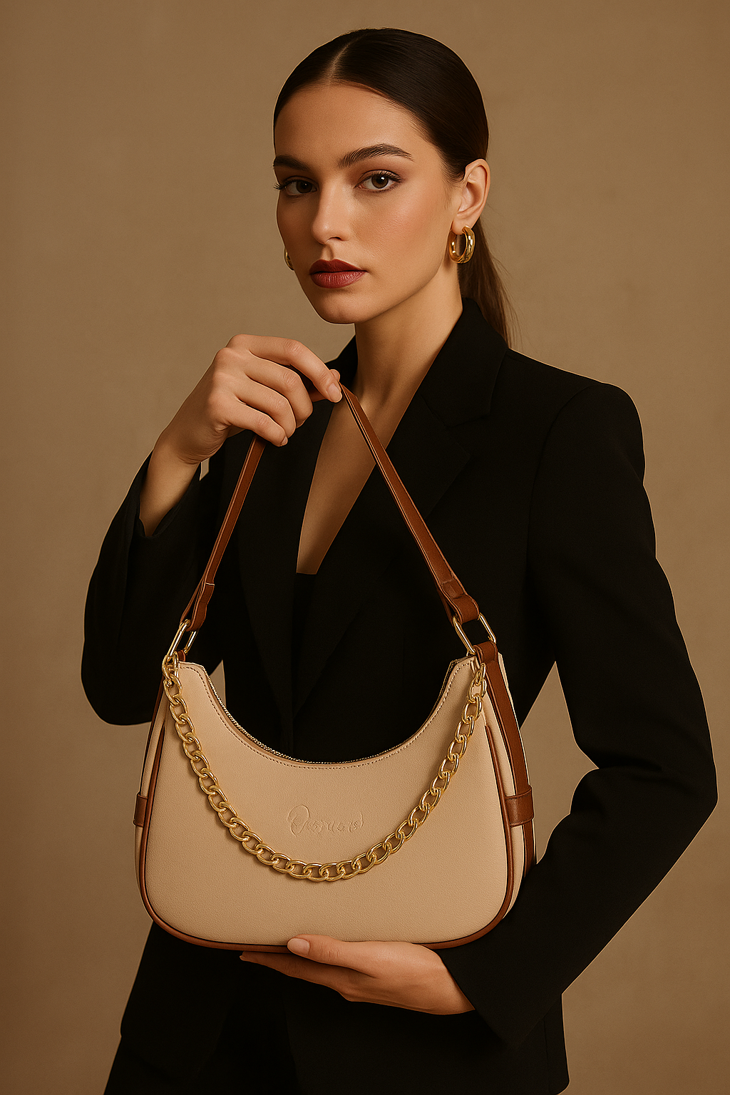 Elegant Beige Half-Moon Shoulder Bag for Women