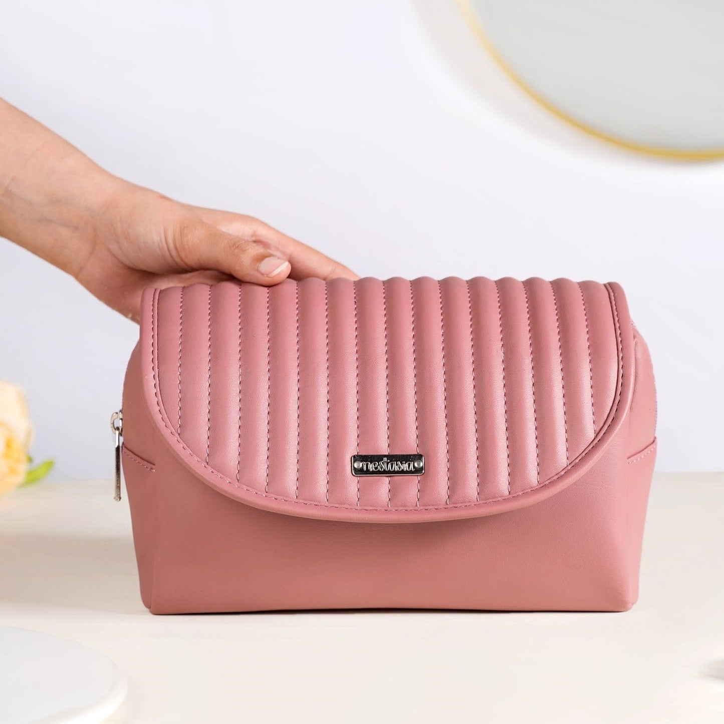 Roll Top Flap Travel Makeup Pouch Pink