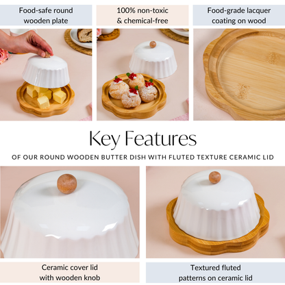 Round Wooden Dish With Fluted Texture Ceramic Lid