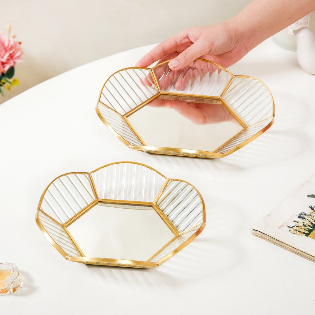 Nested Floral Mirror Vanity Makeup Trays Set Of 2
