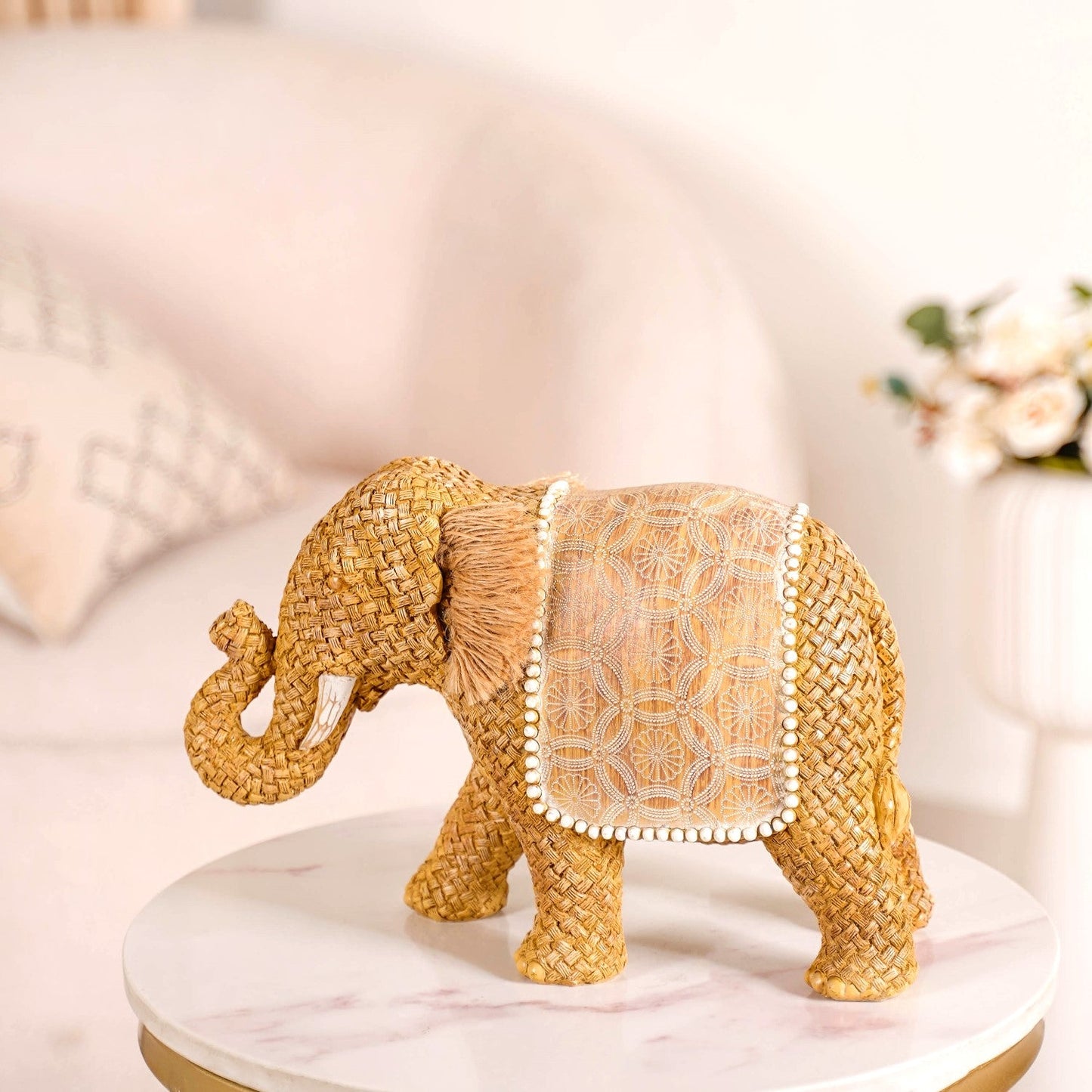 Rustic Elephant Decor Showpiece Beige