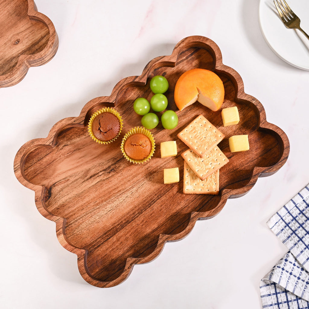 Scallop Acacia Wood Rectangle Serving Platter 38x26cm