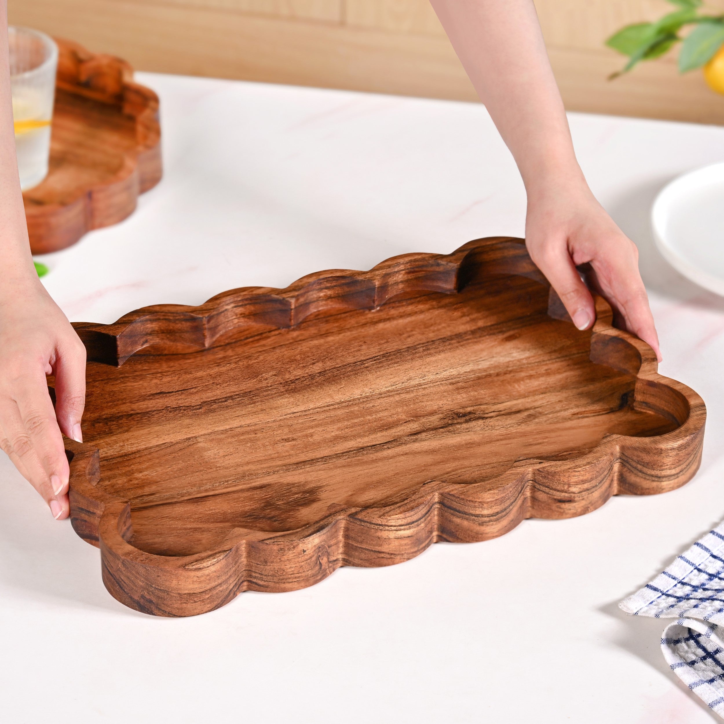 Scallop Acacia Wood Rectangle Serving Platter 38x26cm