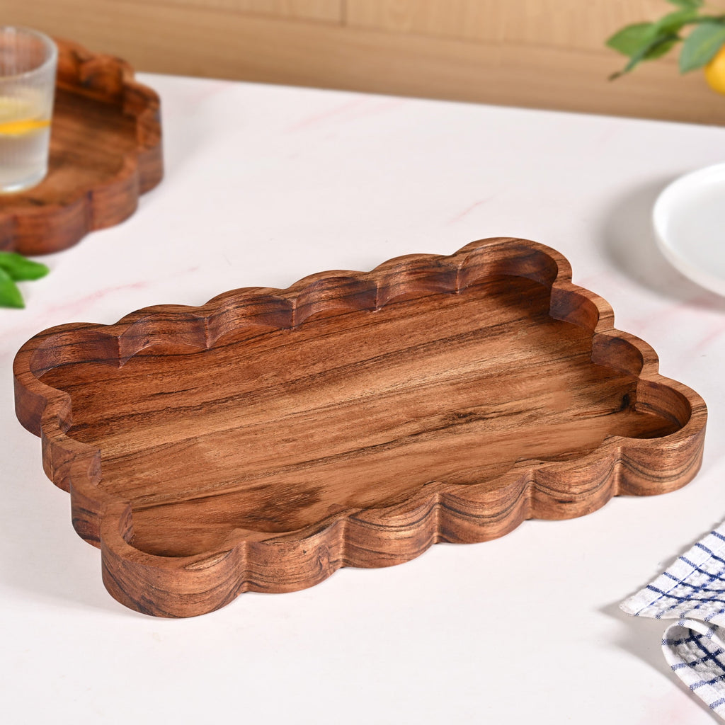 Scallop Acacia Wood Rectangle Serving Platter 38x26cm