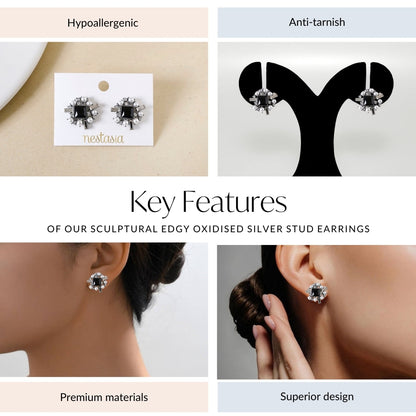 Sculptural Edgy Oxidised Silver Stud Earrings