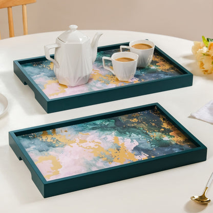 Impressionism Sky Art Tray Set Of 2 Teal Matte Gold