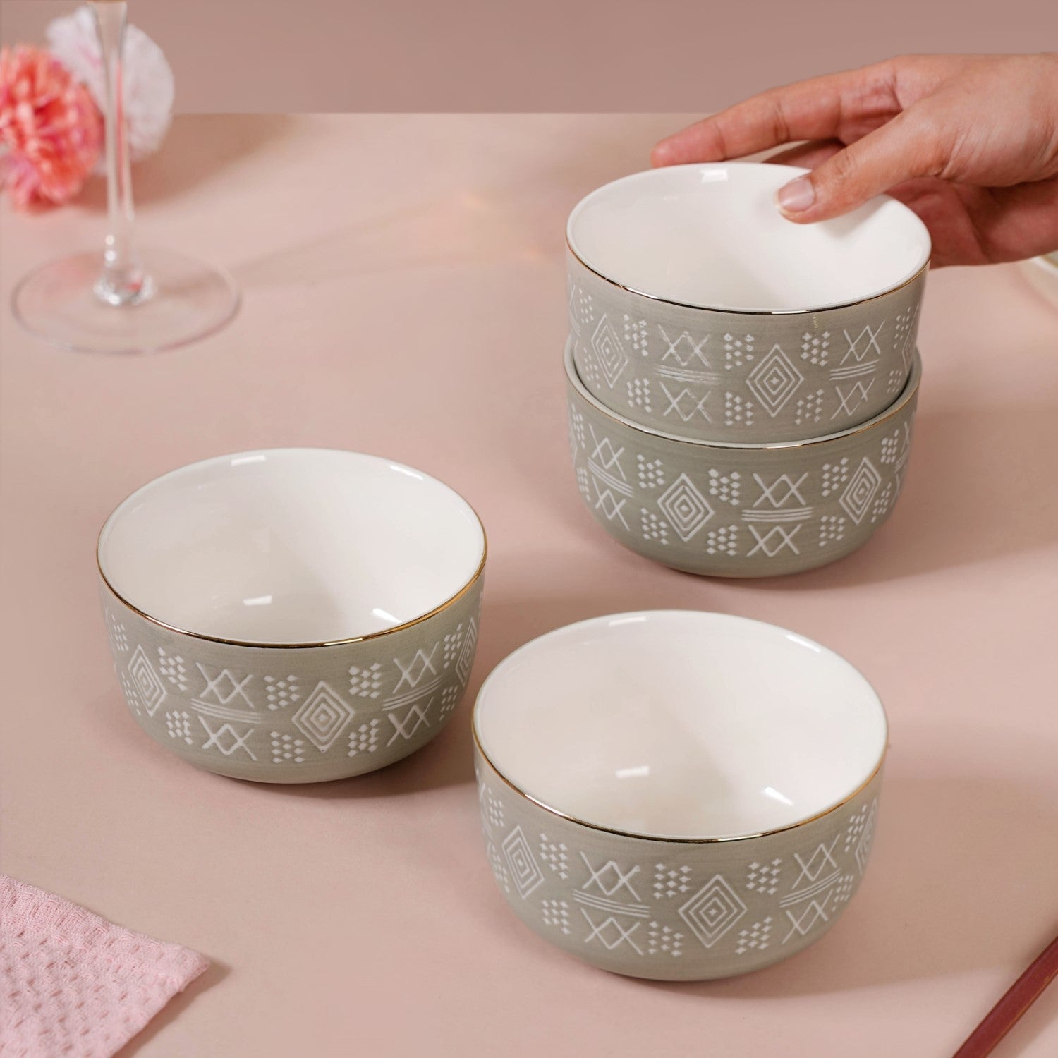 Azo Ceramic Side Snack Bowl Grey Set Of 4 340ml