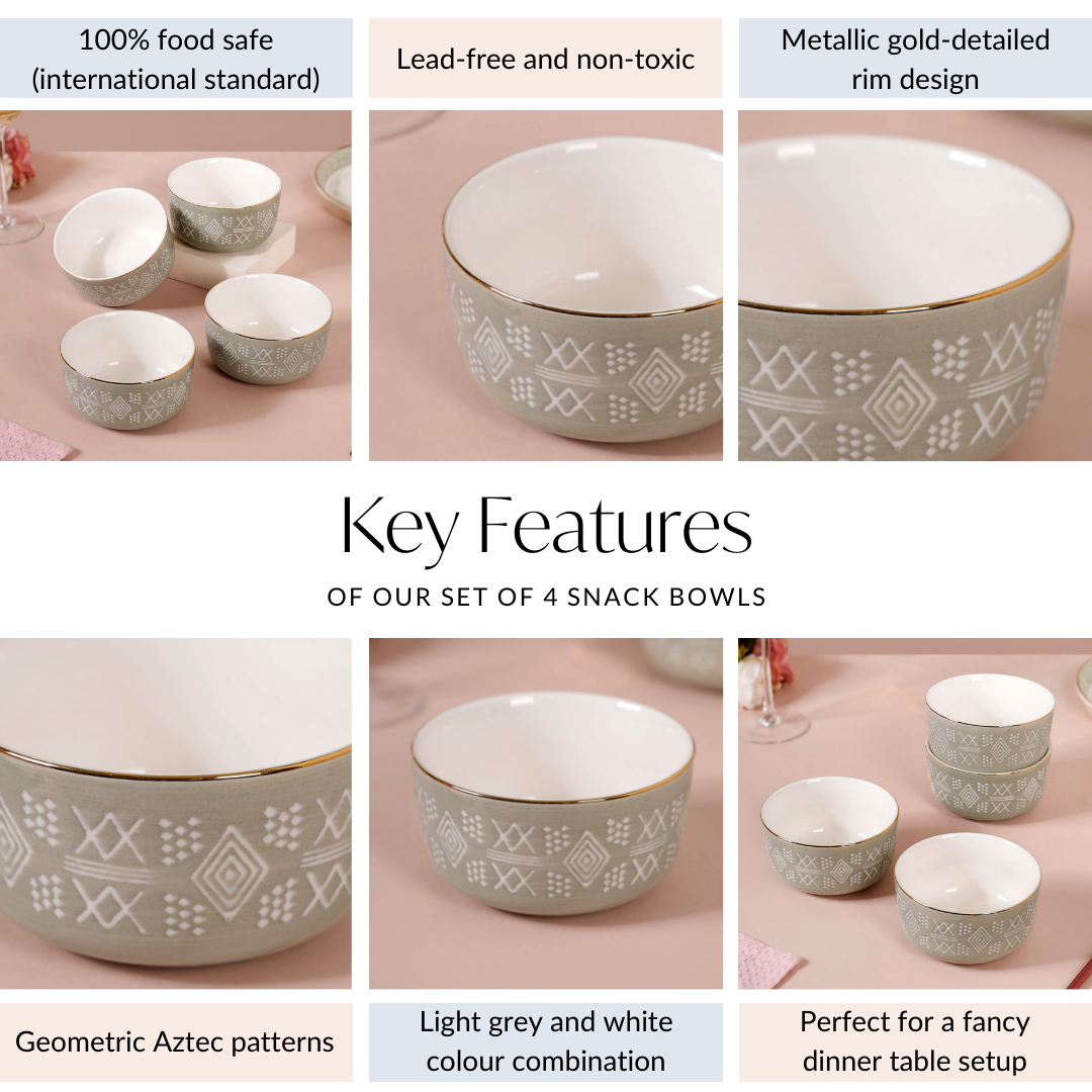 Azo Ceramic Side Snack Bowl Grey Set Of 4 340ml