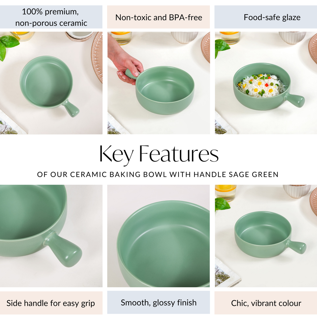 Ceramic Baking Bowl With Handle Sage Green 700ml