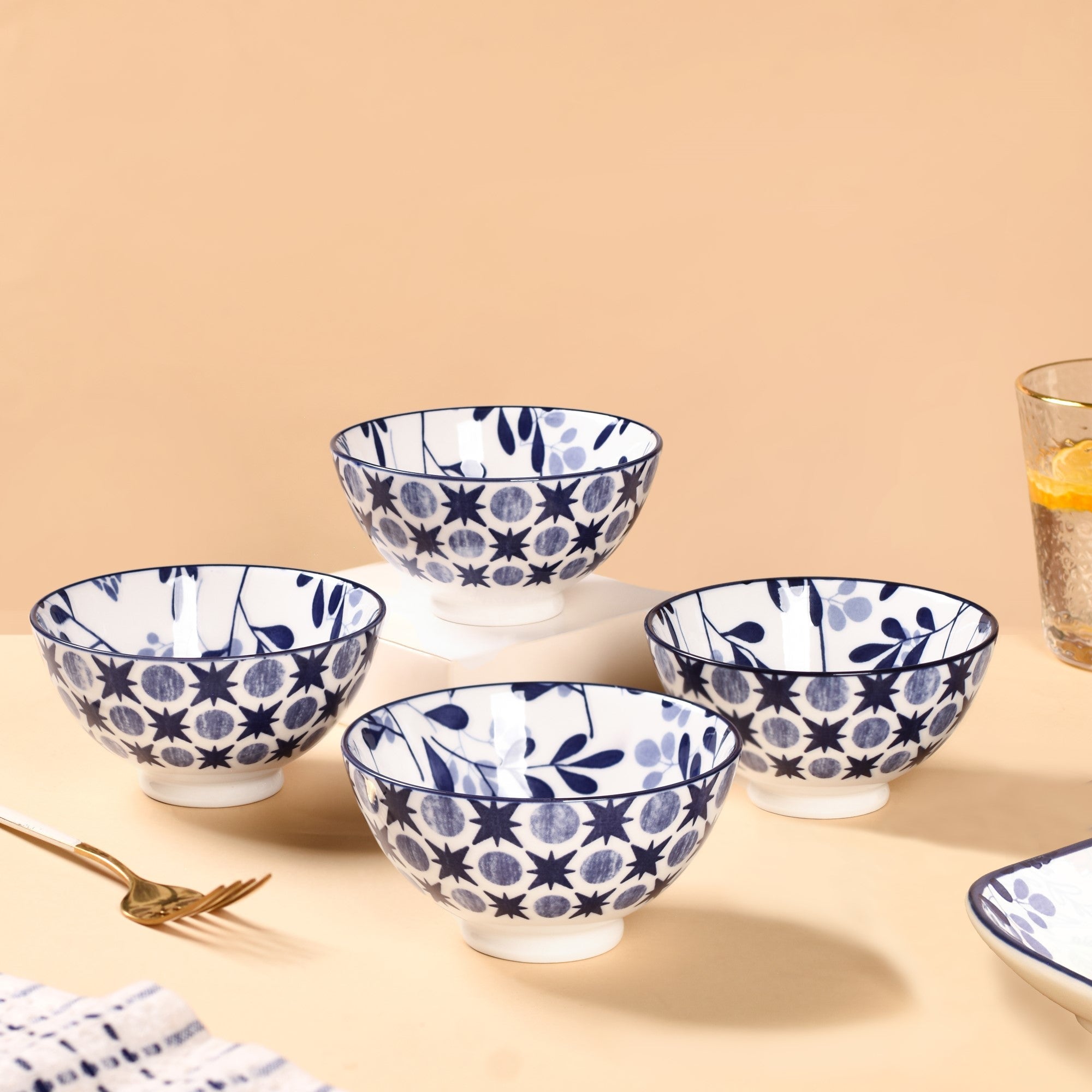 Blue Print Ceramic Snack Bowls Set Of 4 300ml