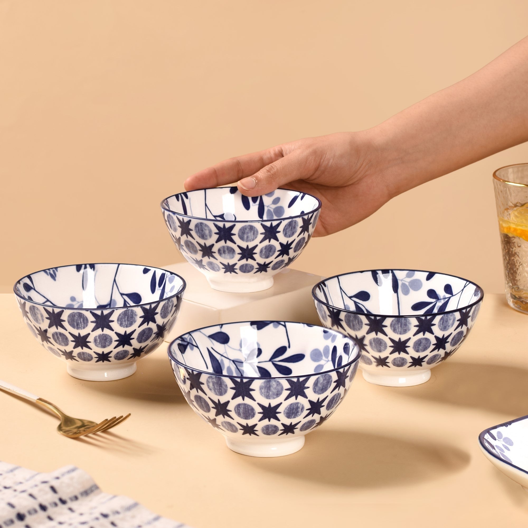 Blue Print Ceramic Snack Bowls Set Of 4 300ml