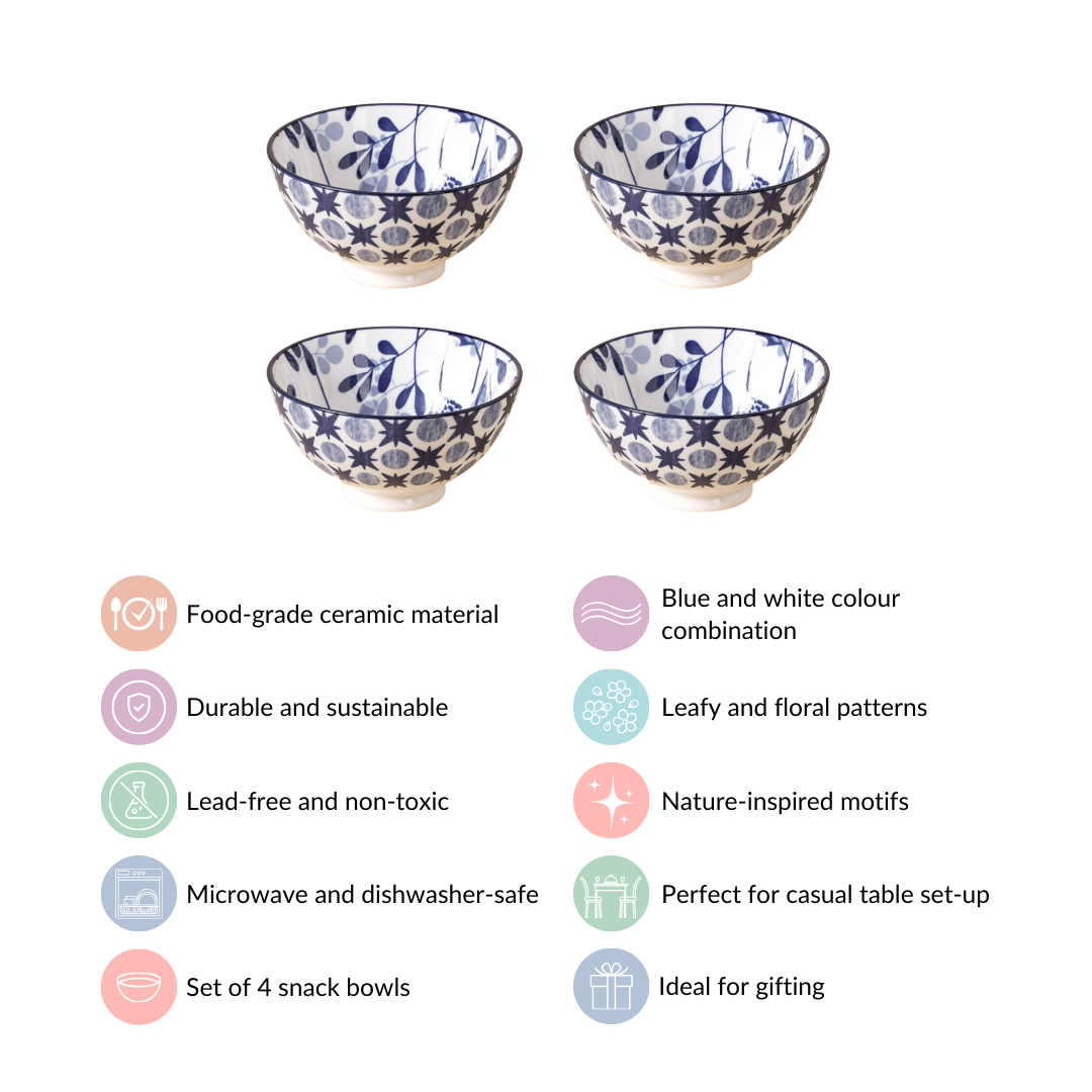 Blue Print Ceramic Snack Bowls Set Of 4 300ml