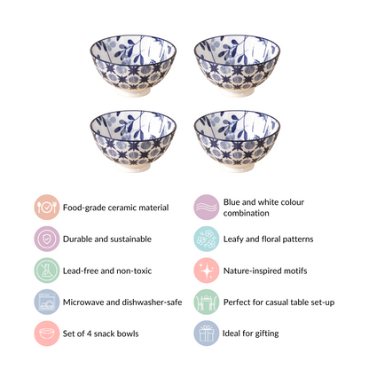 Blue Print Ceramic Snack Bowls Set Of 4 300ml