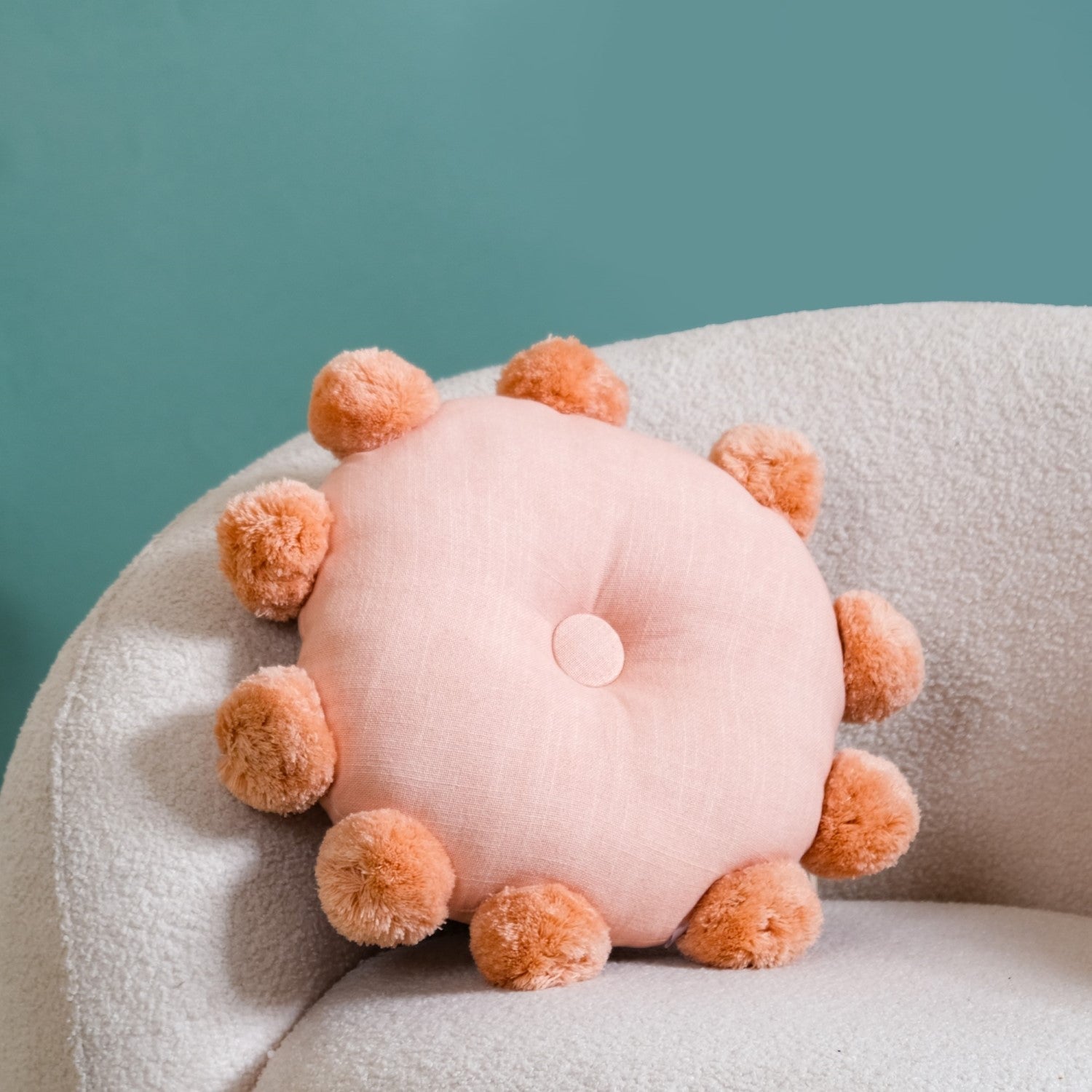 Round Cushion With Pom Poms Peach 17 Inch