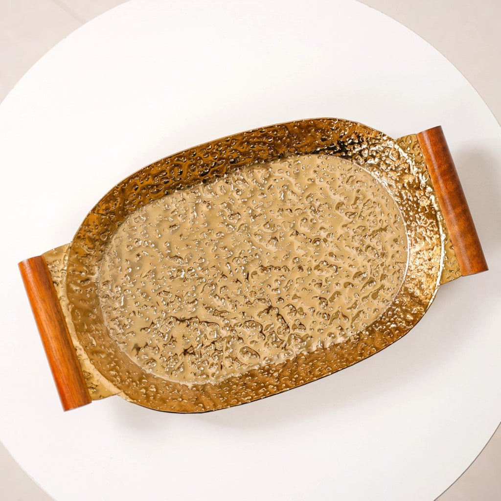 Oval Metal Tray With Wooden Handle Gold 13x8 Inch