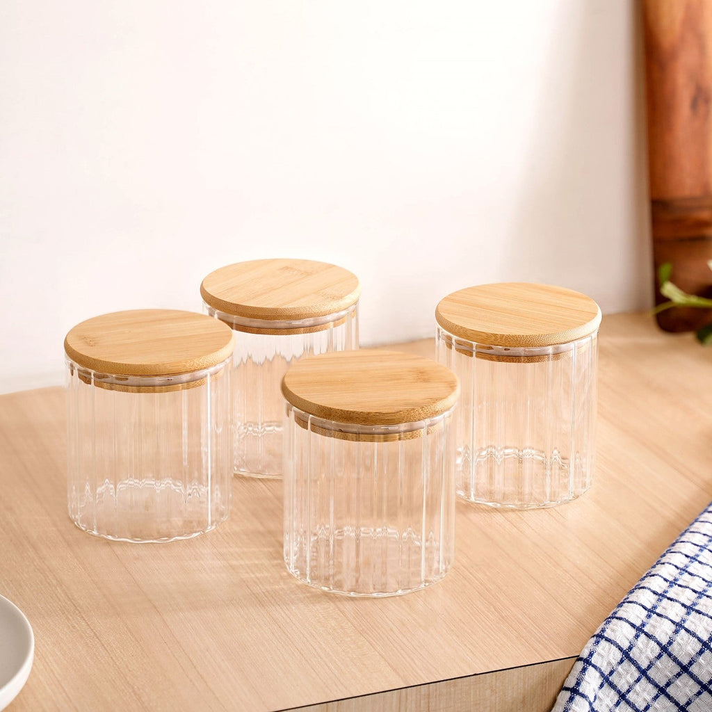 Borosilicate Airtight Glass Jar With Wooden Lid Set Of 4 Ribbed Design 610ml