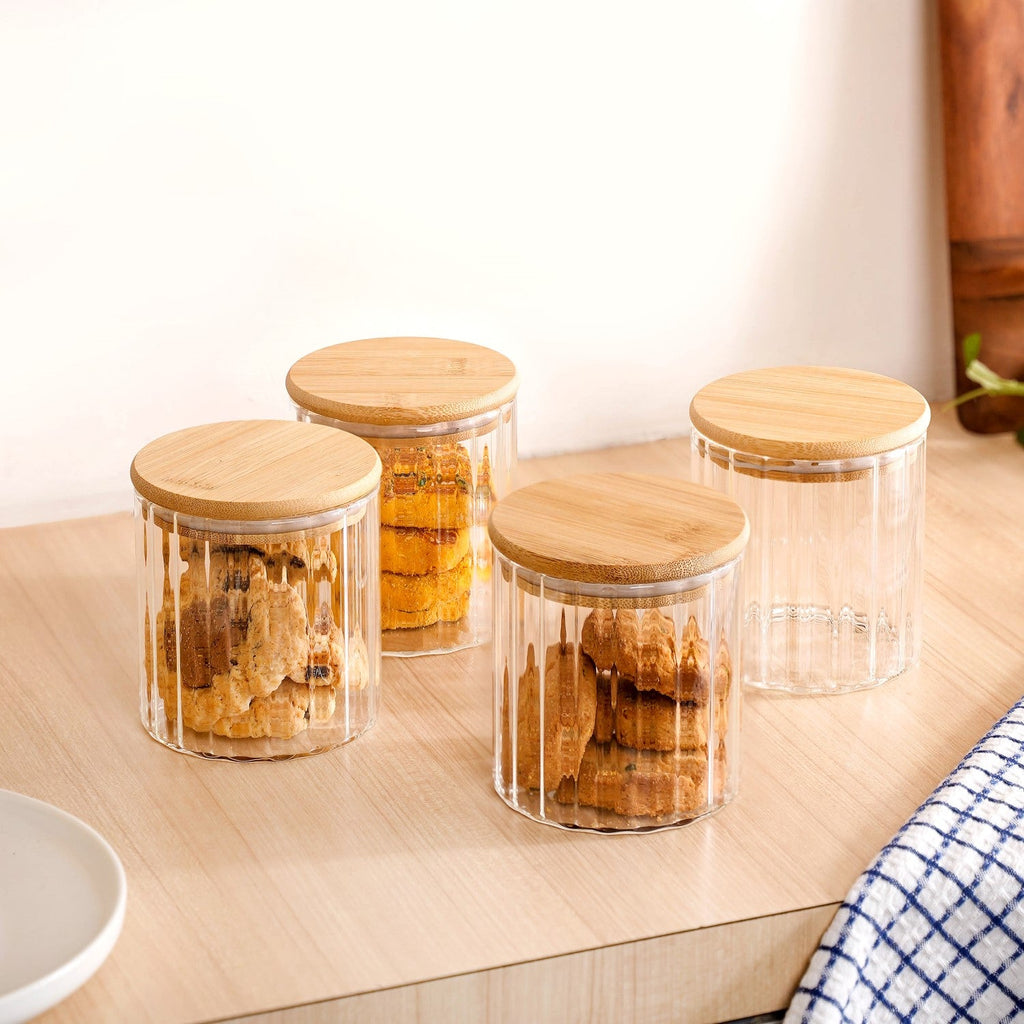 Borosilicate Airtight Glass Jar With Wooden Lid Set Of 4 Ribbed Design 610ml