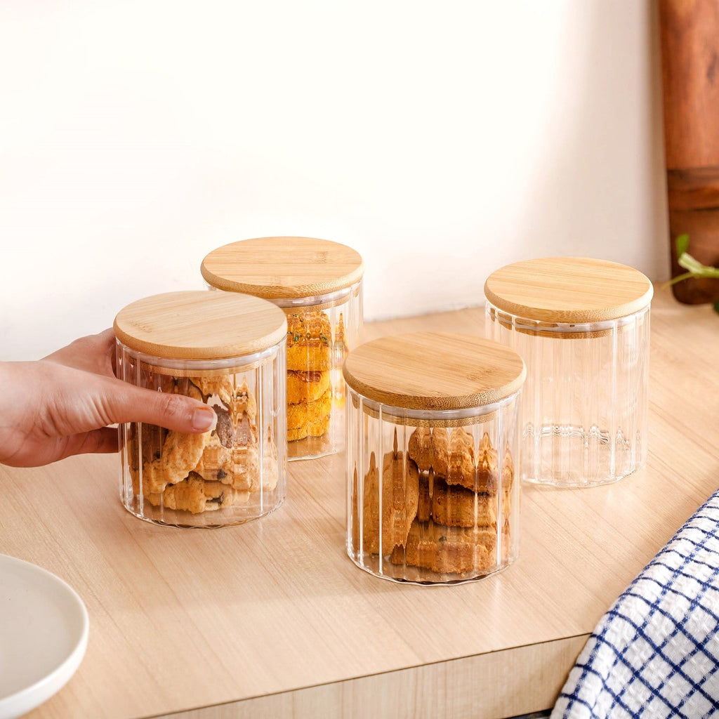 Borosilicate Airtight Glass Jar With Wooden Lid Set Of 4 Ribbed Design 610ml