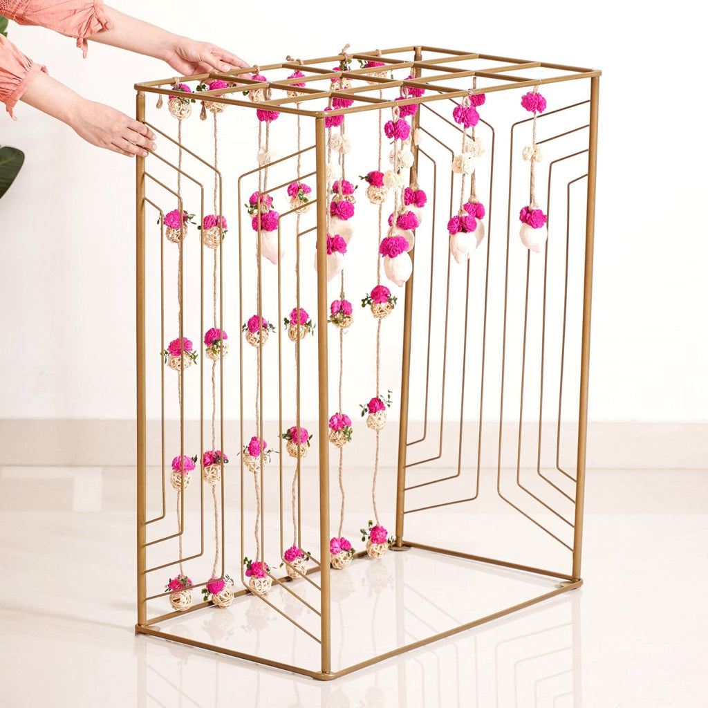 Box Frame Metal Backdrop With Floral Wall Hangings 38 Inch