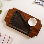 Gourmet Sizzler Plate With Dip Bowl And Wooden Base