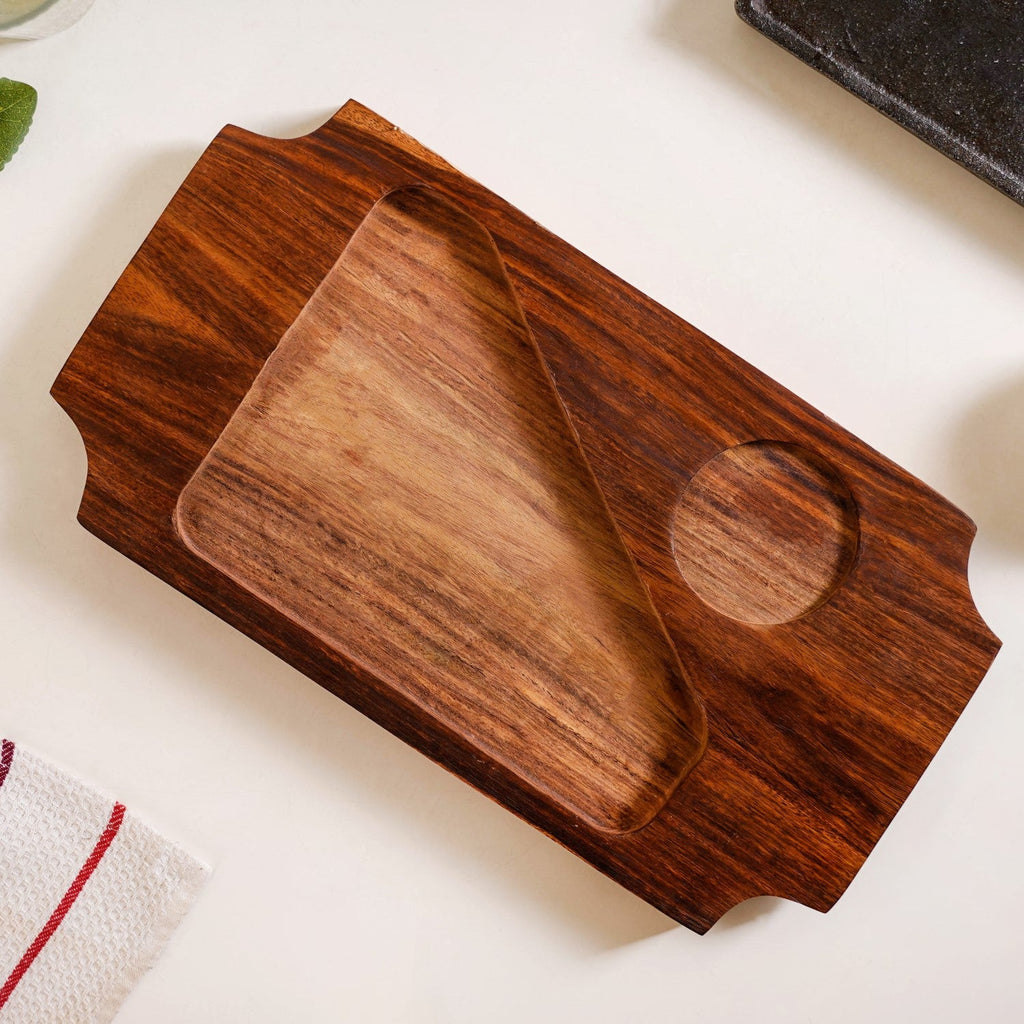 Gourmet Sizzler Plate With Dip Bowl And Wooden Base