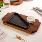 Gourmet Sizzler Plate With Dip Bowl And Wooden Base