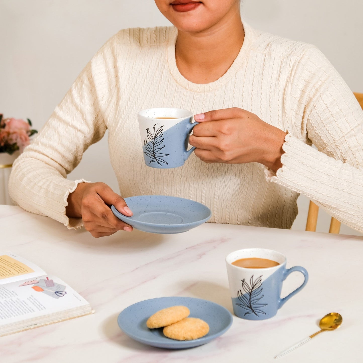 Serene Tropics Ceramic Tea Cup And Saucer Set Of 4 Blue 225ml